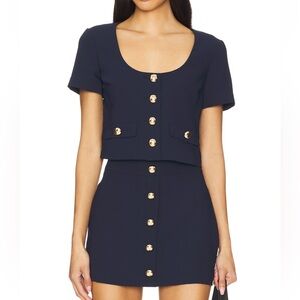 Navy Short Sleeve Cropped Top with Gold Buttons